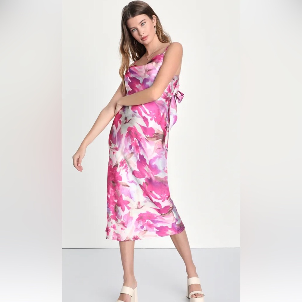 Lulus, Floral Pink and White Midi Dress, size M